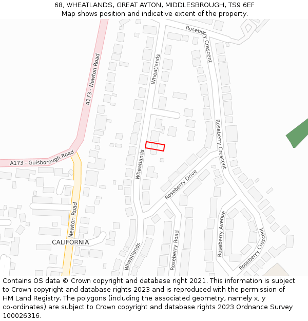 68, WHEATLANDS, GREAT AYTON, MIDDLESBROUGH, TS9 6EF: Location map and indicative extent of plot