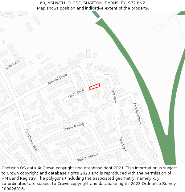 69, ASHWELL CLOSE, SHAFTON, BARNSLEY, S72 8NZ: Location map and indicative extent of plot