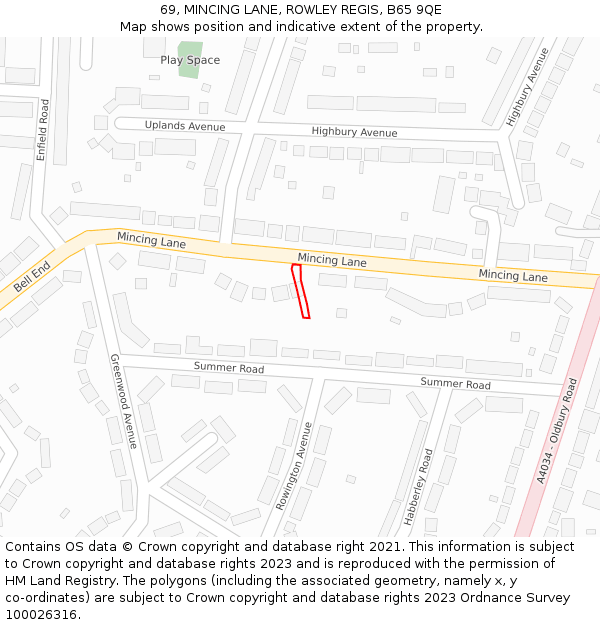 69, MINCING LANE, ROWLEY REGIS, B65 9QE: Location map and indicative extent of plot