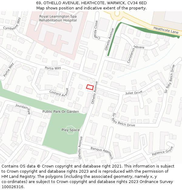 69, OTHELLO AVENUE, HEATHCOTE, WARWICK, CV34 6ED: Location map and indicative extent of plot