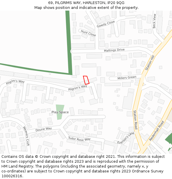 69, PILGRIMS WAY, HARLESTON, IP20 9QG: Location map and indicative extent of plot