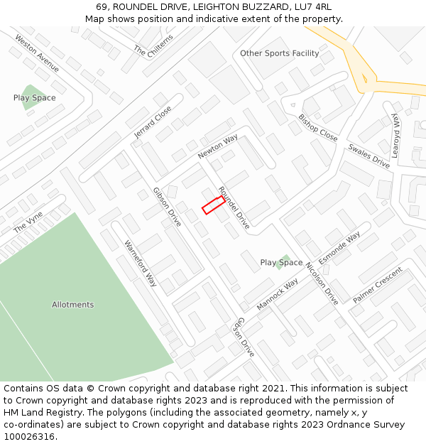 69, ROUNDEL DRIVE, LEIGHTON BUZZARD, LU7 4RL: Location map and indicative extent of plot