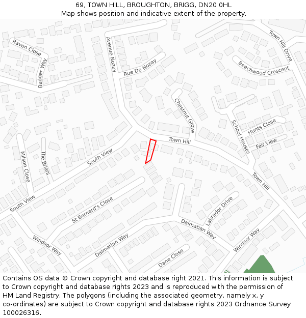 69, TOWN HILL, BROUGHTON, BRIGG, DN20 0HL: Location map and indicative extent of plot