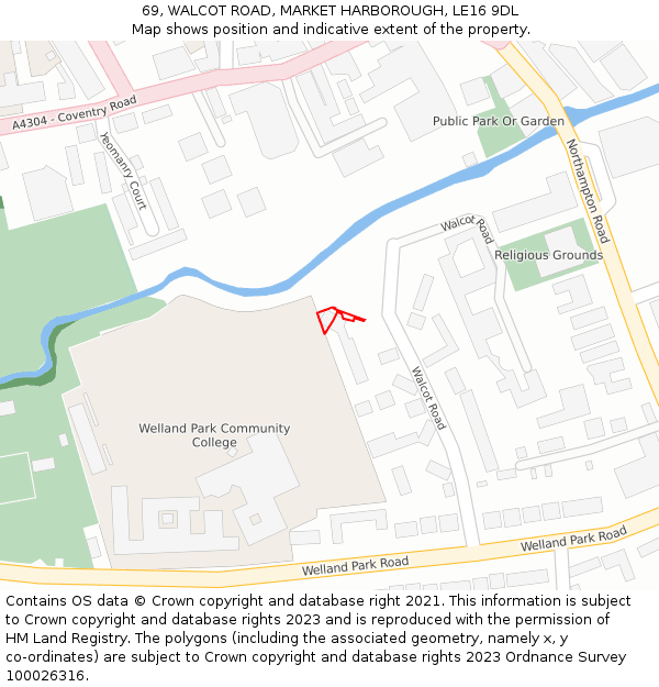 69, WALCOT ROAD, MARKET HARBOROUGH, LE16 9DL: Location map and indicative extent of plot