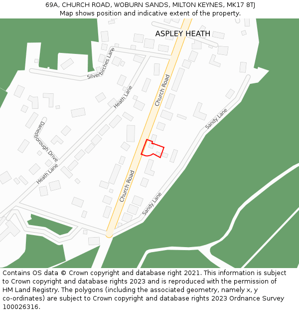 69A, CHURCH ROAD, WOBURN SANDS, MILTON KEYNES, MK17 8TJ: Location map and indicative extent of plot