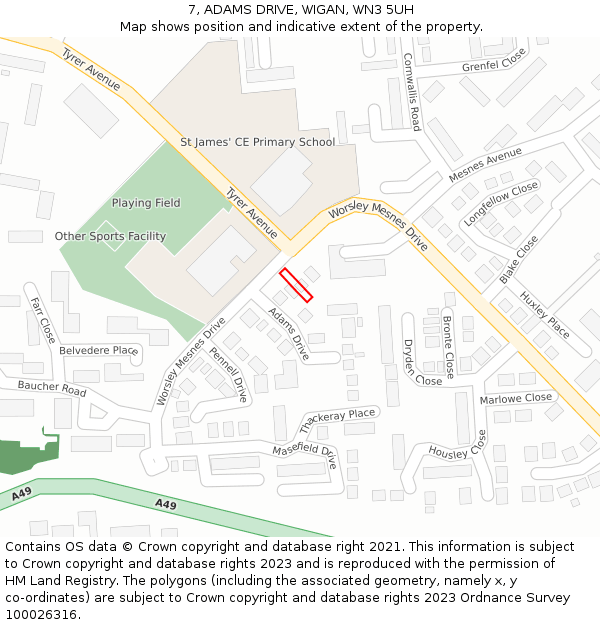 7, ADAMS DRIVE, WIGAN, WN3 5UH: Location map and indicative extent of plot