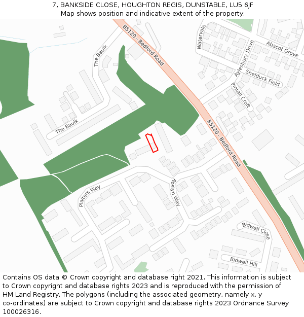 7, BANKSIDE CLOSE, HOUGHTON REGIS, DUNSTABLE, LU5 6JF: Location map and indicative extent of plot