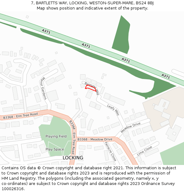 7, BARTLETTS WAY, LOCKING, WESTON-SUPER-MARE, BS24 8BJ: Location map and indicative extent of plot