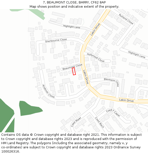 7, BEAUMONT CLOSE, BARRY, CF62 8AP: Location map and indicative extent of plot