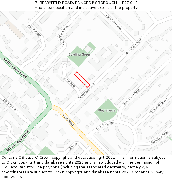 7, BERRYFIELD ROAD, PRINCES RISBOROUGH, HP27 0HE: Location map and indicative extent of plot