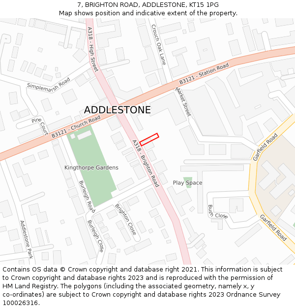 7, BRIGHTON ROAD, ADDLESTONE, KT15 1PG: Location map and indicative extent of plot
