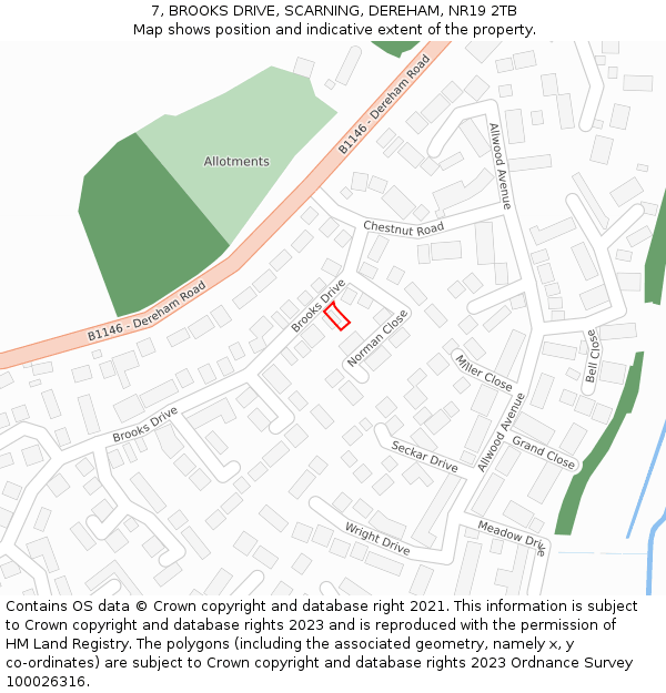 7, BROOKS DRIVE, SCARNING, DEREHAM, NR19 2TB: Location map and indicative extent of plot