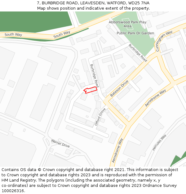 7, BURBRIDGE ROAD, LEAVESDEN, WATFORD, WD25 7NA: Location map and indicative extent of plot