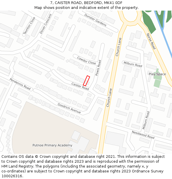 7, CAISTER ROAD, BEDFORD, MK41 0DF: Location map and indicative extent of plot