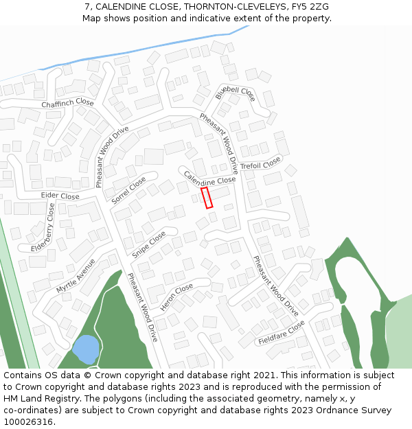 7, CALENDINE CLOSE, THORNTON-CLEVELEYS, FY5 2ZG: Location map and indicative extent of plot