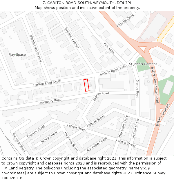 7, CARLTON ROAD SOUTH, WEYMOUTH, DT4 7PL: Location map and indicative extent of plot