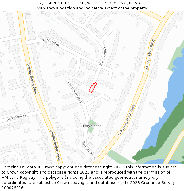 7, CARPENTERS CLOSE, WOODLEY, READING, RG5 4EF: Location map and indicative extent of plot