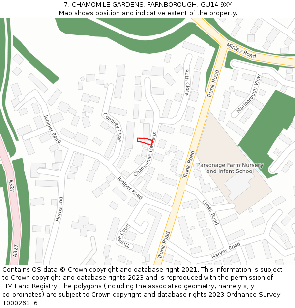 7, CHAMOMILE GARDENS, FARNBOROUGH, GU14 9XY: Location map and indicative extent of plot