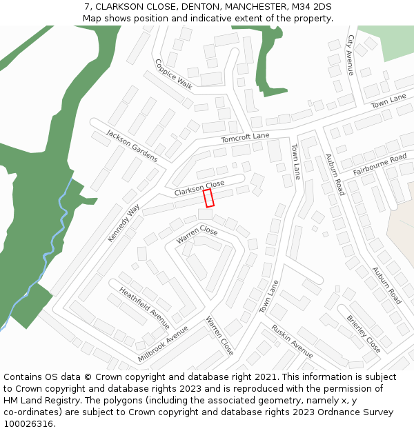 7, CLARKSON CLOSE, DENTON, MANCHESTER, M34 2DS: Location map and indicative extent of plot