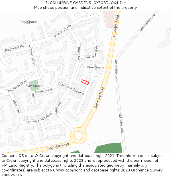 7, COLUMBINE GARDENS, OXFORD, OX4 7LH: Location map and indicative extent of plot