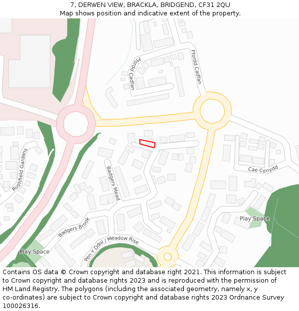 7, DERWEN VIEW, BRACKLA, BRIDGEND, CF31 2QU: Location map and indicative extent of plot