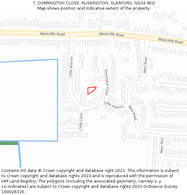 7, DORRINGTON CLOSE, RUSKINGTON, SLEAFORD, NG34 9EQ: Location map and indicative extent of plot