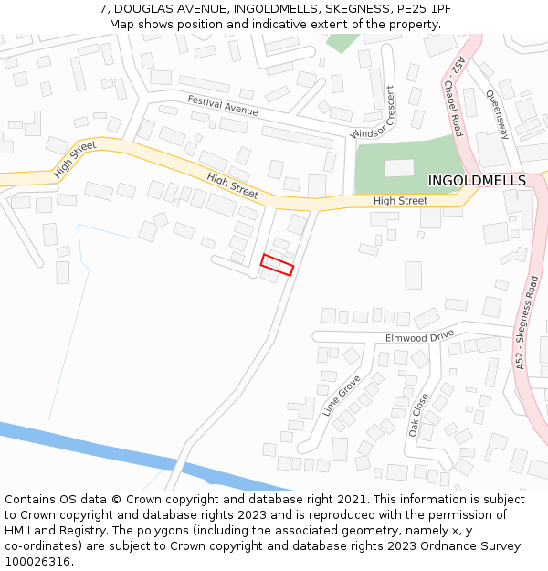 7, DOUGLAS AVENUE, INGOLDMELLS, SKEGNESS, PE25 1PF: Location map and indicative extent of plot