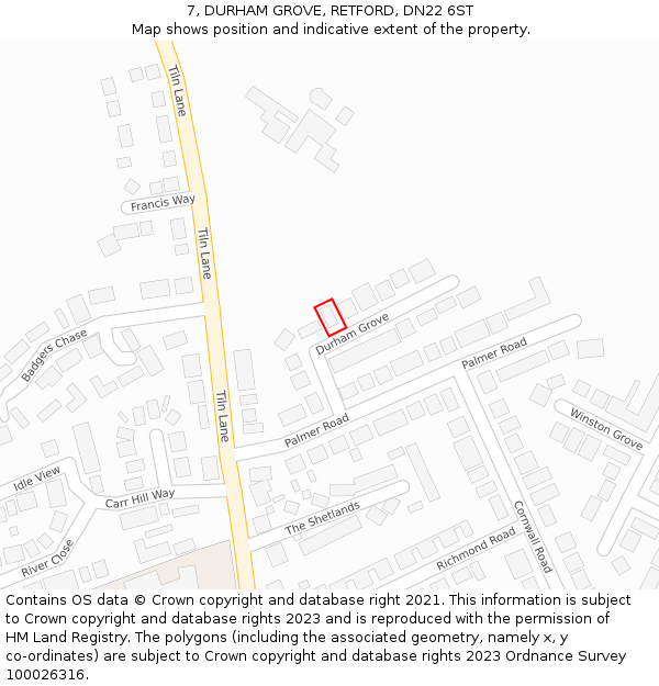 7, DURHAM GROVE, RETFORD, DN22 6ST: Location map and indicative extent of plot