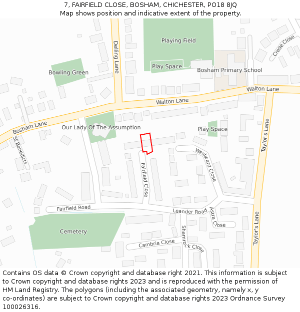 7, FAIRFIELD CLOSE, BOSHAM, CHICHESTER, PO18 8JQ: Location map and indicative extent of plot