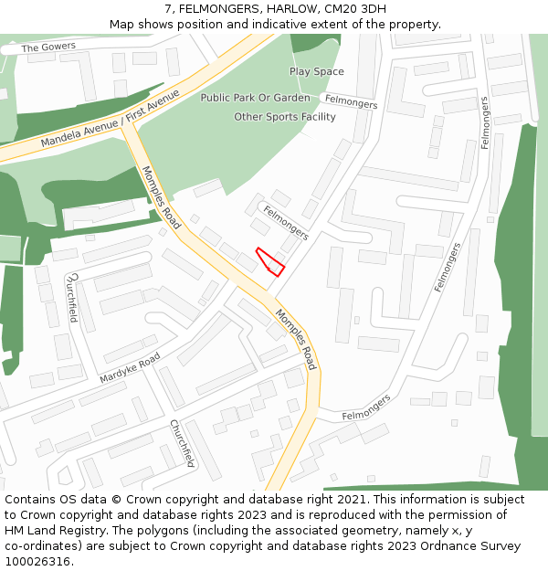 7, FELMONGERS, HARLOW, CM20 3DH: Location map and indicative extent of plot