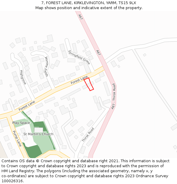 7, FOREST LANE, KIRKLEVINGTON, YARM, TS15 9LX: Location map and indicative extent of plot