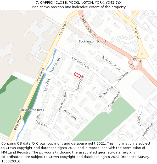 7, GARRICK CLOSE, POCKLINGTON, YORK, YO42 2YX: Location map and indicative extent of plot