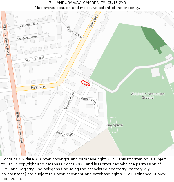 7, HANBURY WAY, CAMBERLEY, GU15 2YB: Location map and indicative extent of plot