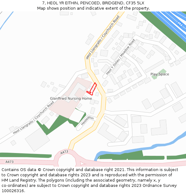 7, HEOL YR EITHIN, PENCOED, BRIDGEND, CF35 5LX: Location map and indicative extent of plot