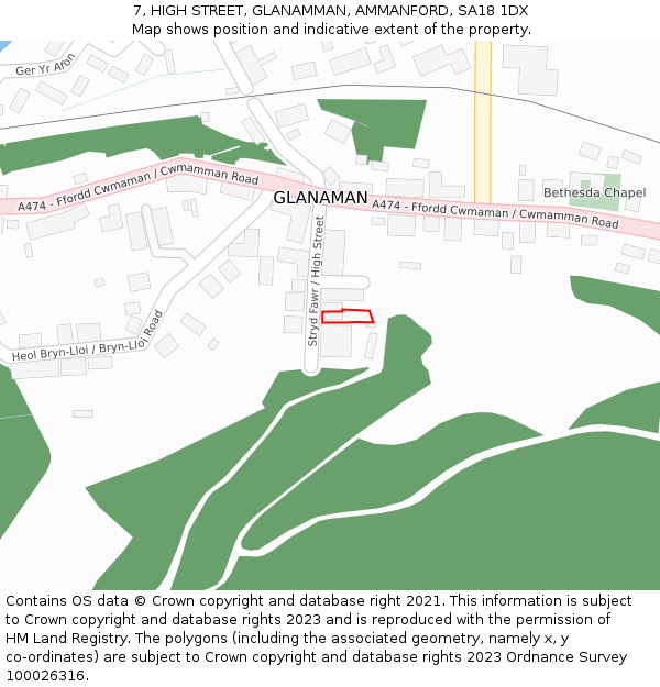 7, HIGH STREET, GLANAMMAN, AMMANFORD, SA18 1DX: Location map and indicative extent of plot