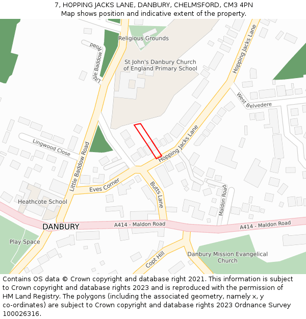 7, HOPPING JACKS LANE, DANBURY, CHELMSFORD, CM3 4PN: Location map and indicative extent of plot