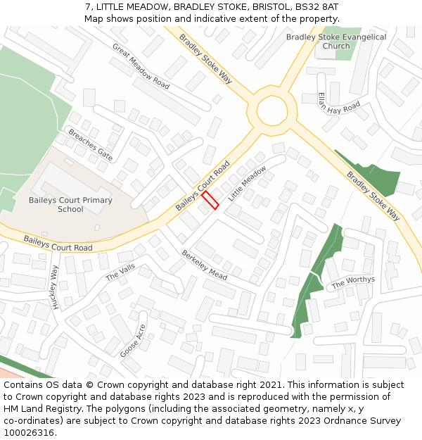 7, LITTLE MEADOW, BRADLEY STOKE, BRISTOL, BS32 8AT: Location map and indicative extent of plot