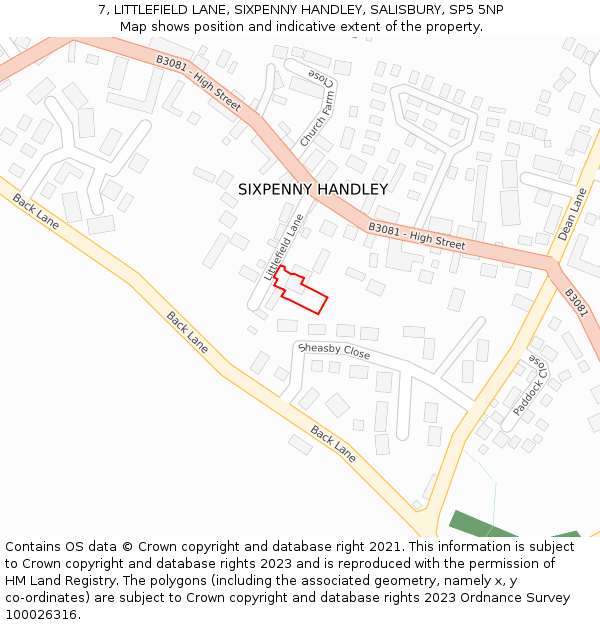 7, LITTLEFIELD LANE, SIXPENNY HANDLEY, SALISBURY, SP5 5NP: Location map and indicative extent of plot