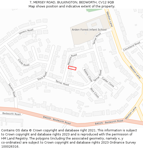 7, MERSEY ROAD, BULKINGTON, BEDWORTH, CV12 9QB: Location map and indicative extent of plot