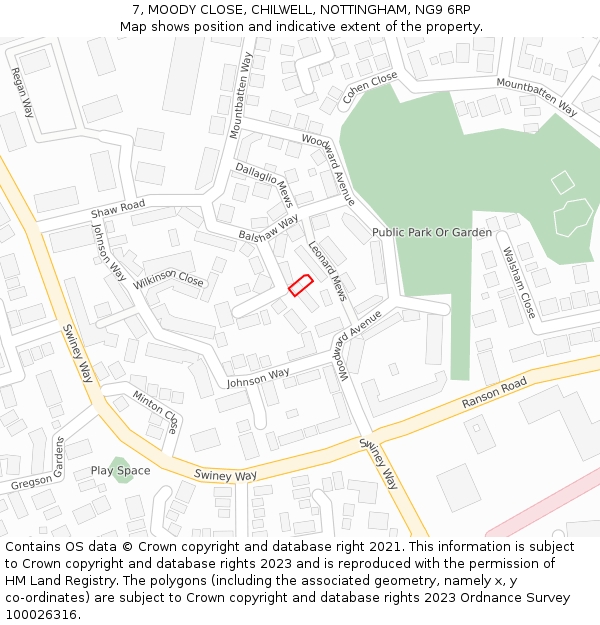 7, MOODY CLOSE, CHILWELL, NOTTINGHAM, NG9 6RP: Location map and indicative extent of plot