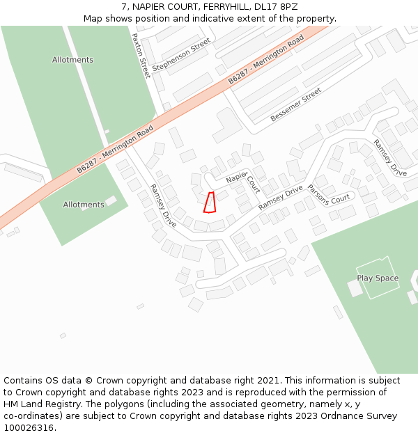 7, NAPIER COURT, FERRYHILL, DL17 8PZ: Location map and indicative extent of plot