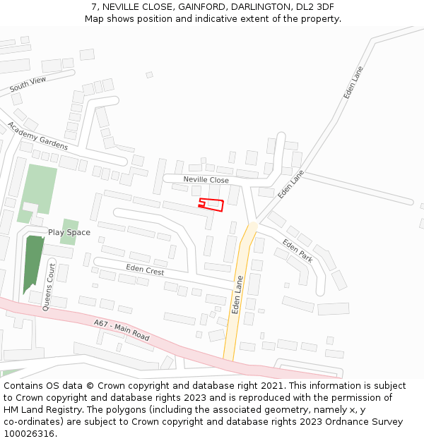 7, NEVILLE CLOSE, GAINFORD, DARLINGTON, DL2 3DF: Location map and indicative extent of plot