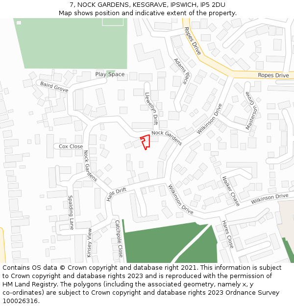 7, NOCK GARDENS, KESGRAVE, IPSWICH, IP5 2DU: Location map and indicative extent of plot