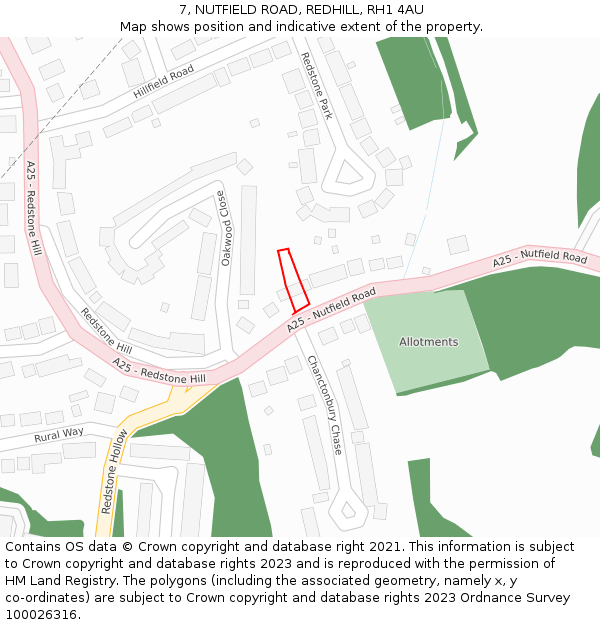 7, NUTFIELD ROAD, REDHILL, RH1 4AU: Location map and indicative extent of plot