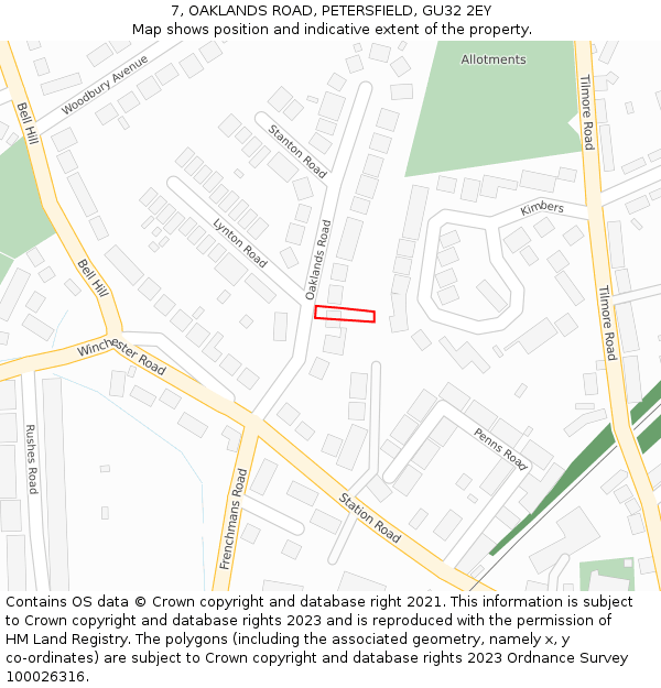 7, OAKLANDS ROAD, PETERSFIELD, GU32 2EY: Location map and indicative extent of plot