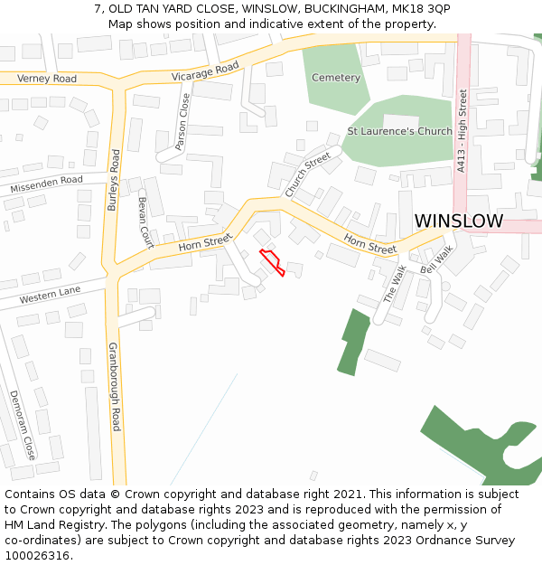 7, OLD TAN YARD CLOSE, WINSLOW, BUCKINGHAM, MK18 3QP: Location map and indicative extent of plot