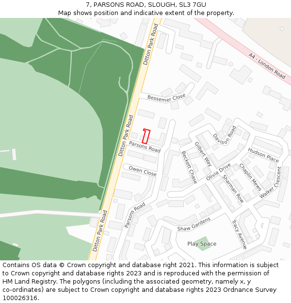 7, PARSONS ROAD, SLOUGH, SL3 7GU: Location map and indicative extent of plot