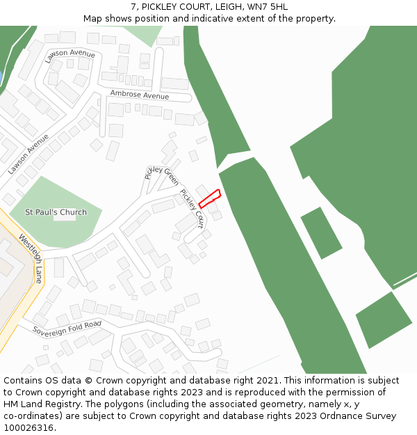 7, PICKLEY COURT, LEIGH, WN7 5HL: Location map and indicative extent of plot