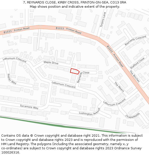 7, REYNARDS CLOSE, KIRBY CROSS, FRINTON-ON-SEA, CO13 0RA: Location map and indicative extent of plot