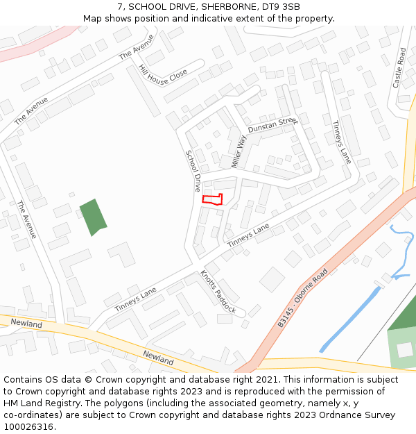 7, SCHOOL DRIVE, SHERBORNE, DT9 3SB: Location map and indicative extent of plot